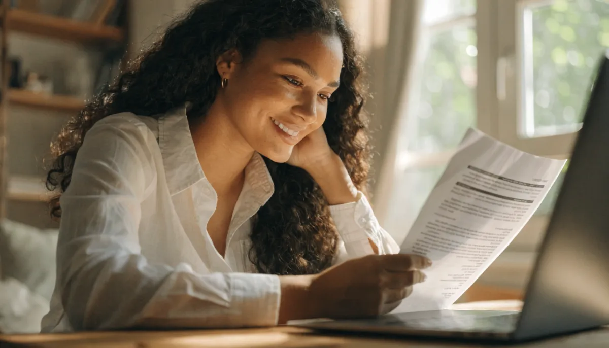 Mujer joven revisando su currículum impreso junto a una laptop