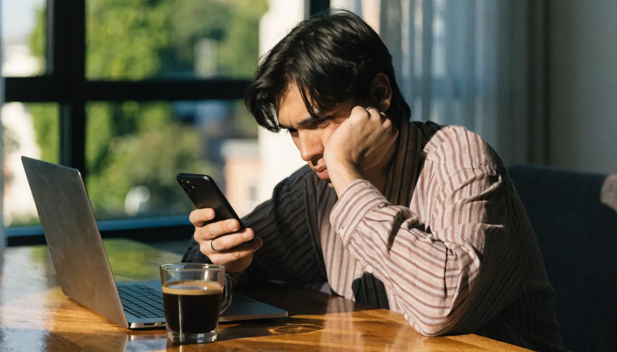 Joven desconfiando de una oferta de trabajo en su celular