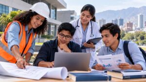 Jóvenes profesionales de ingeniería, tecnología, salud y gestión explorando carreras con demanda laboral en Perú