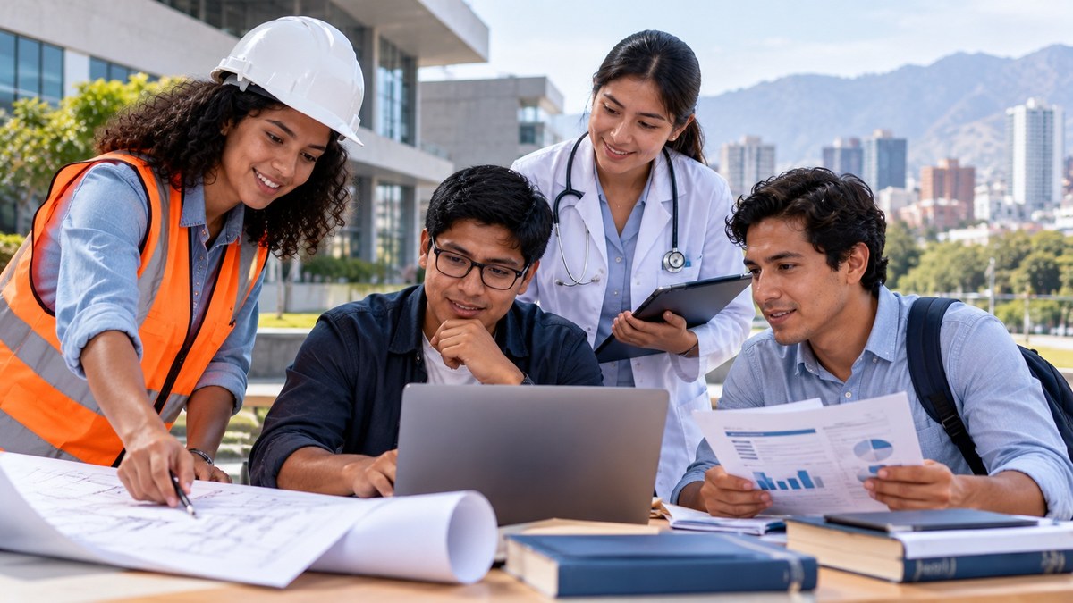 Jóvenes profesionales de ingeniería, tecnología, salud y gestión explorando carreras con demanda laboral en Perú
