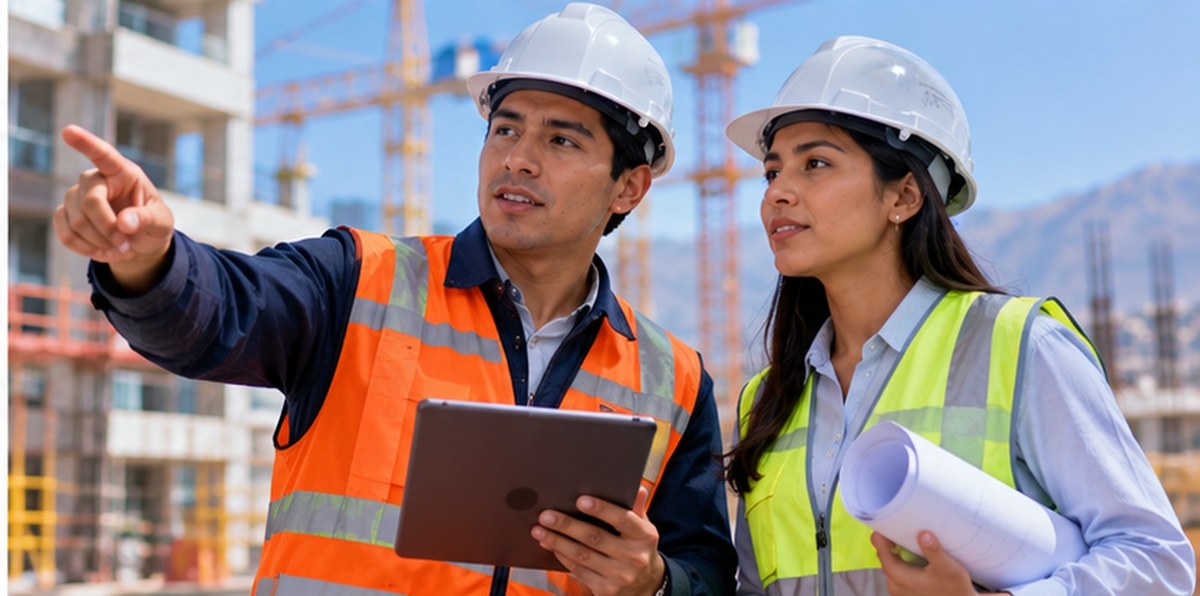 Profesionales de ingeniería y construcción revisando planos y proyectos de infraestructura
