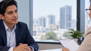 Candidata en una entrevista de trabajo presencial con un reclutador en una oficina profesional