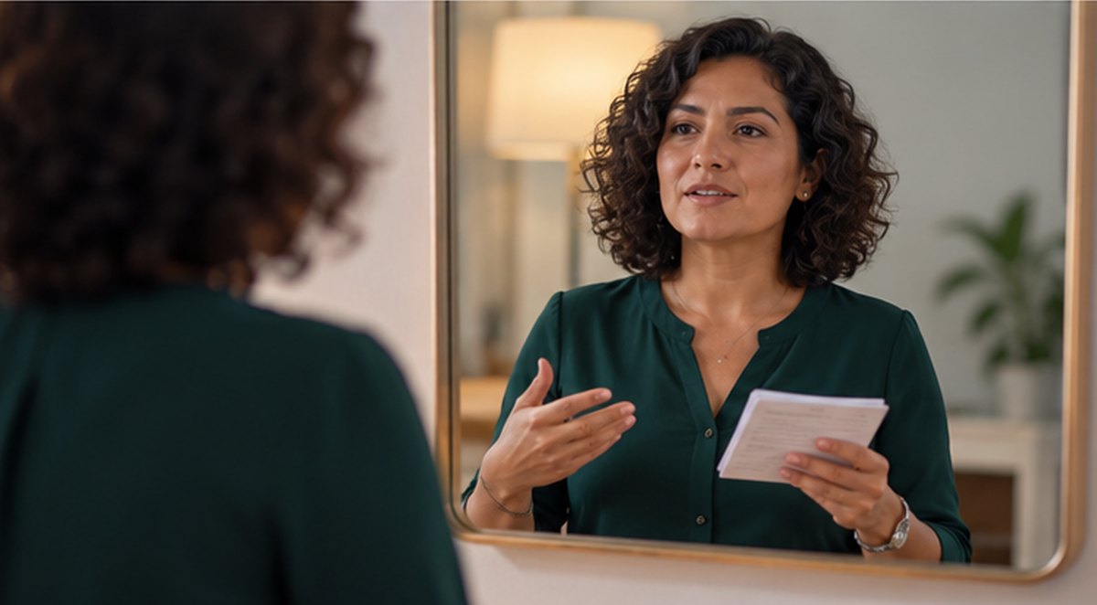 Profesional practicando sus respuestas antes de una entrevista de trabajo