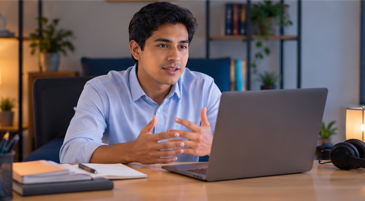 Joven participando en una entrevista laboral virtual desde una laptop