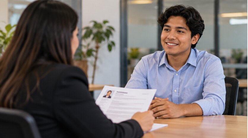 Joven participando en una primera entrevista de trabajo.