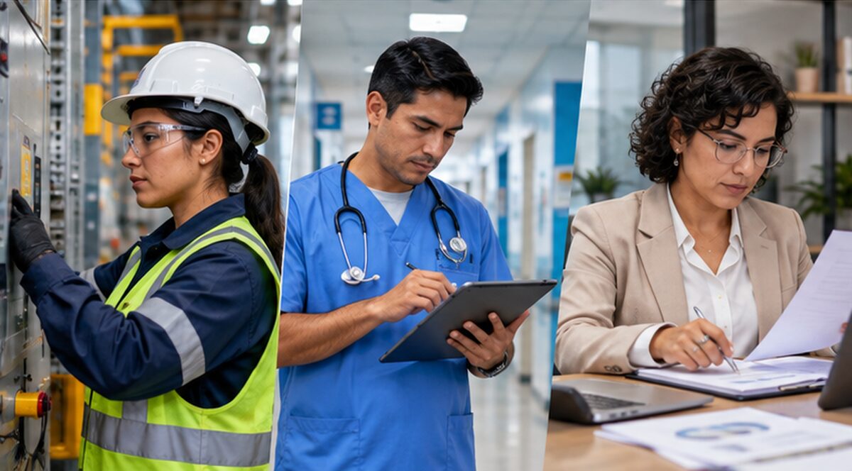 Profesionales de industria, salud y administración representando distintos sectores laborales en Perú
