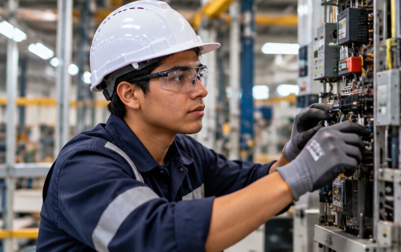 Profesional técnico realizando labores de mantenimiento industrial.