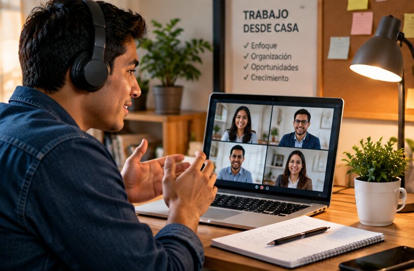 Profesional participando en una videollamada de trabajo desde casa